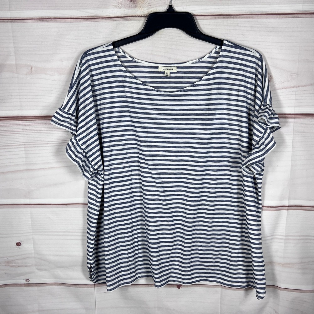 Max Studio Top Women 3X Blue Stripe Ruffle Sleeve Scoop Neck Knit T-Shirt Casual